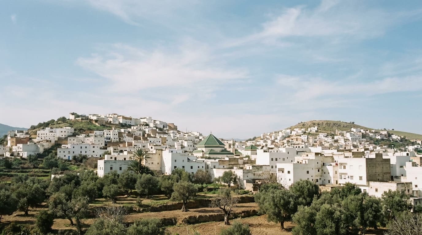 The holy town of Moulay Idriss Zerhoun draped across two hills above the Saïss plain