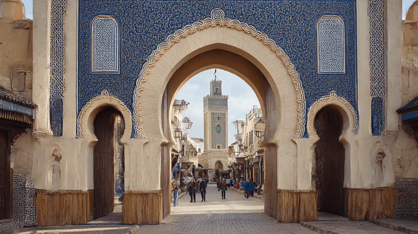 The triple horseshoe arches of Bab Boujloud, the Blue Gate of Fes, with the Bou Inania minaret visible through the central arch