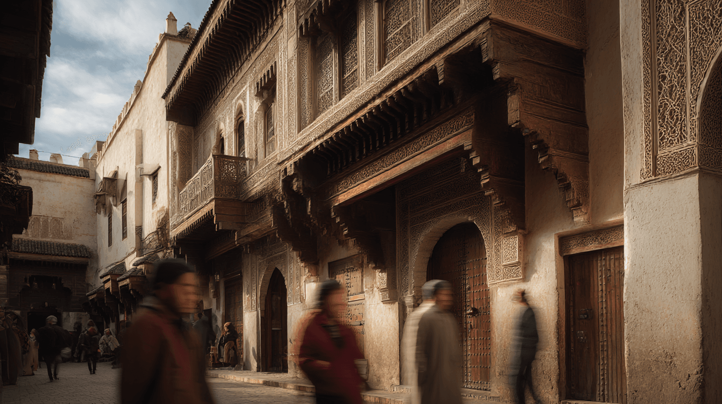 The facade of Dar al-Magana, showing the 13 wooden beams and windows of the medieval water clock