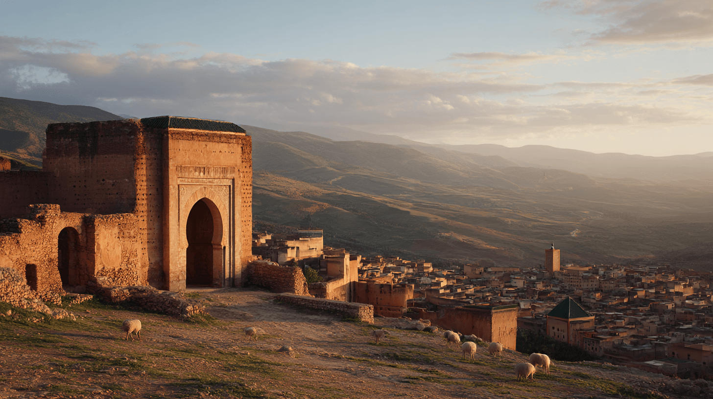 The ruined horseshoe arches of the Marinid Tombs silhouetted against sunset, with the Fes medina spread below