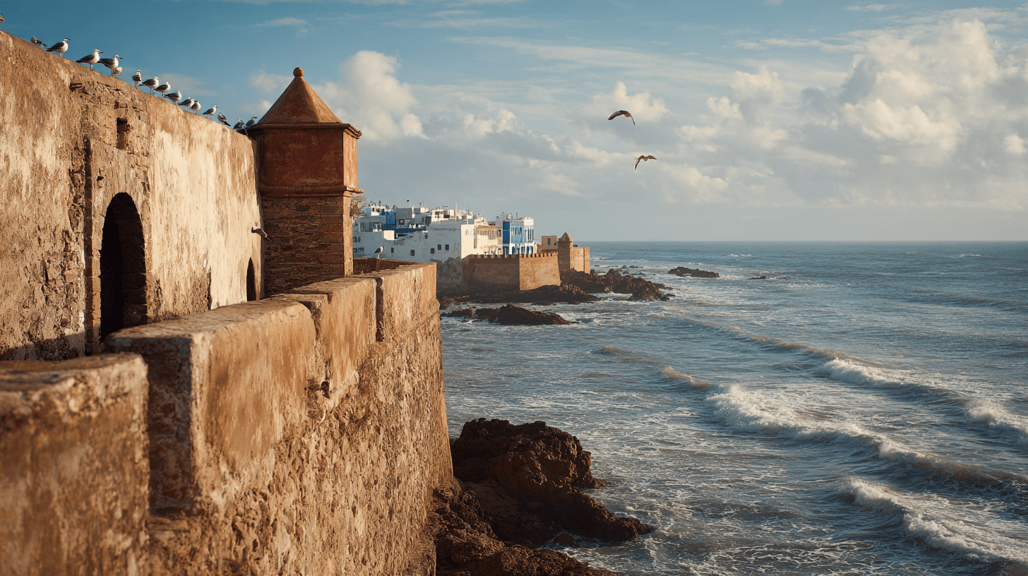 The Portuguese ramparts of Asilah facing the Atlantic Ocean at sunset