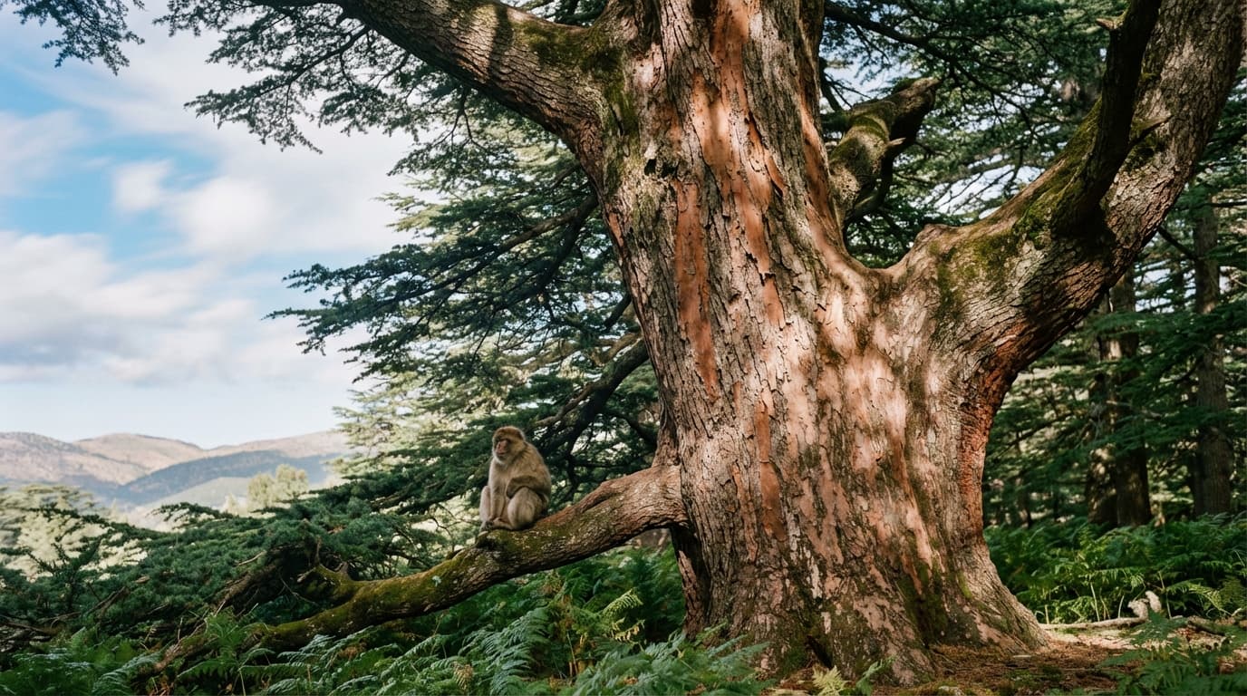Ancient Atlas cedars and Barbary macaques in the forest south of Azrou
