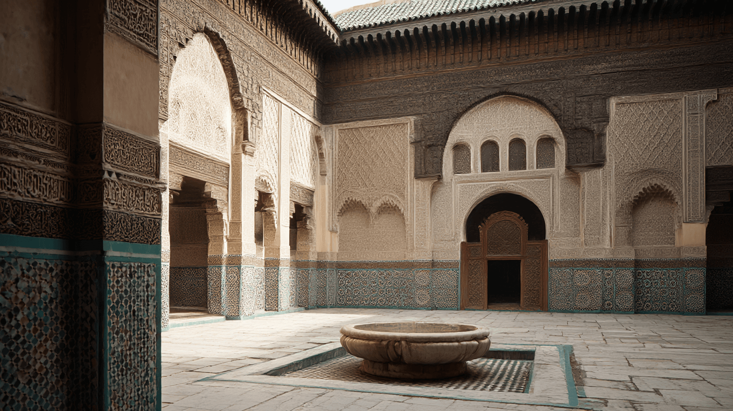 The jewel-box courtyard of the Al-Attarine Madrasa, with zellige, carved plaster, and cedarwood meeting at every surface